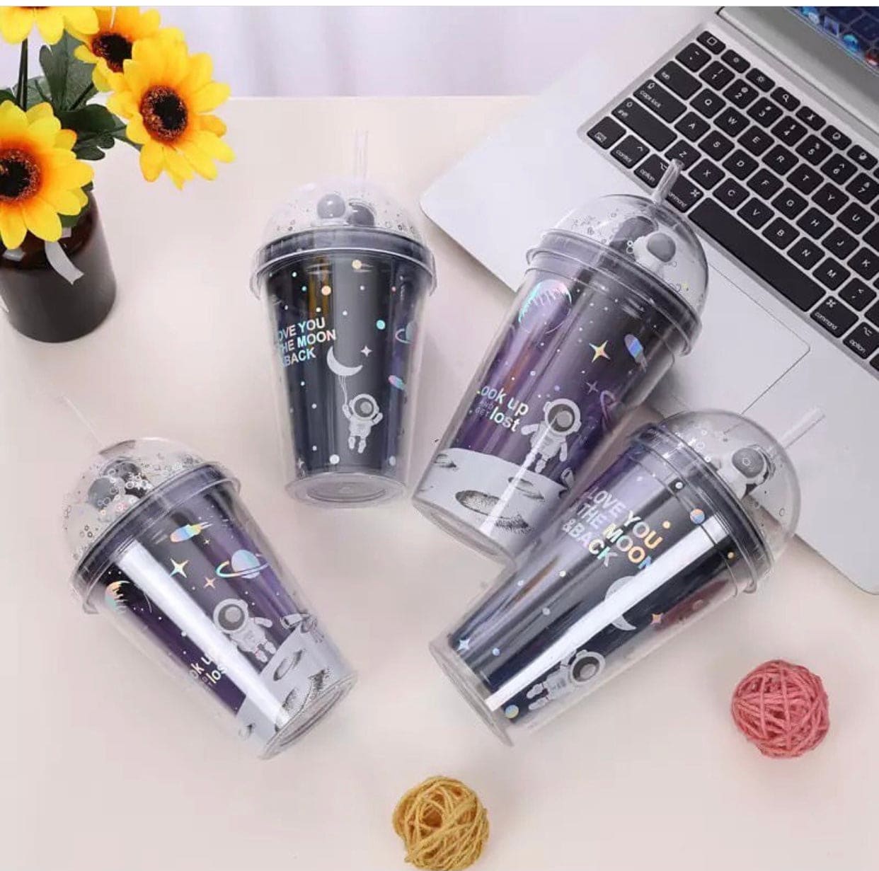 450ml Unisex Double Layer Creative Space Wandering Theme Heat Insulated Straw Cup, Summer Straw Ice Cup, Large Capacity Plastic Water Bottle