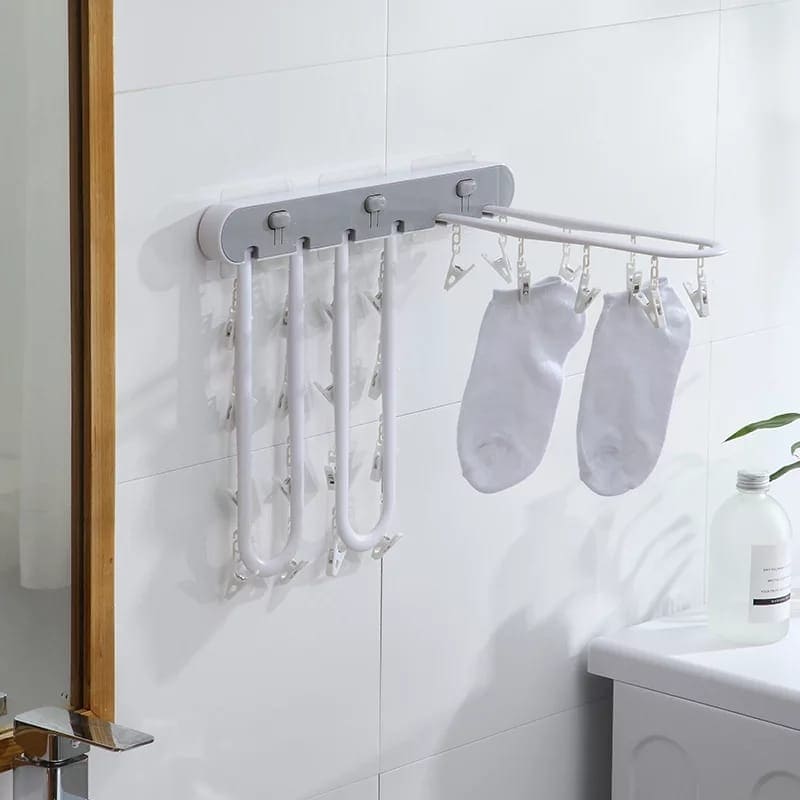 Household Drying Racks, Multi-Clips Punch-free Hanging Socks Rack, Wall Hanging Folding Balcony Bathroom Drying Rack, Clothes Hanging Drying Rack, Multi Layer Hanger