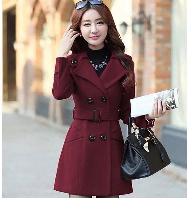 Long Coat With Pocket, Double-Breasted Belt Slim Elegant Ladies Outerwear, Simple Wool Jacket