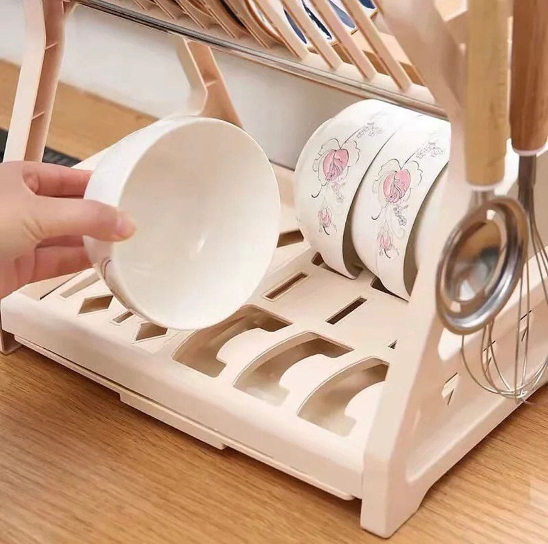 Double Layer Kitchen Dish Bowl Draining Storage Rack, Dish Drying Rack, Multifunctional Floor Mounted Tableware Storage Rack, Plate Tableware Rack Chopsticks Cage, Spoon Holder Stand