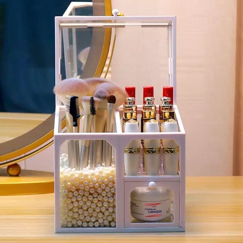 Acrylic Multifunctional Glass Cosmetic Organizer, Makeup Brush Storage Holders Box, Lipstick Eyeline Pencil Holder Beauty Supplies, Vintage Brass Edge Makeup Brush Holder
