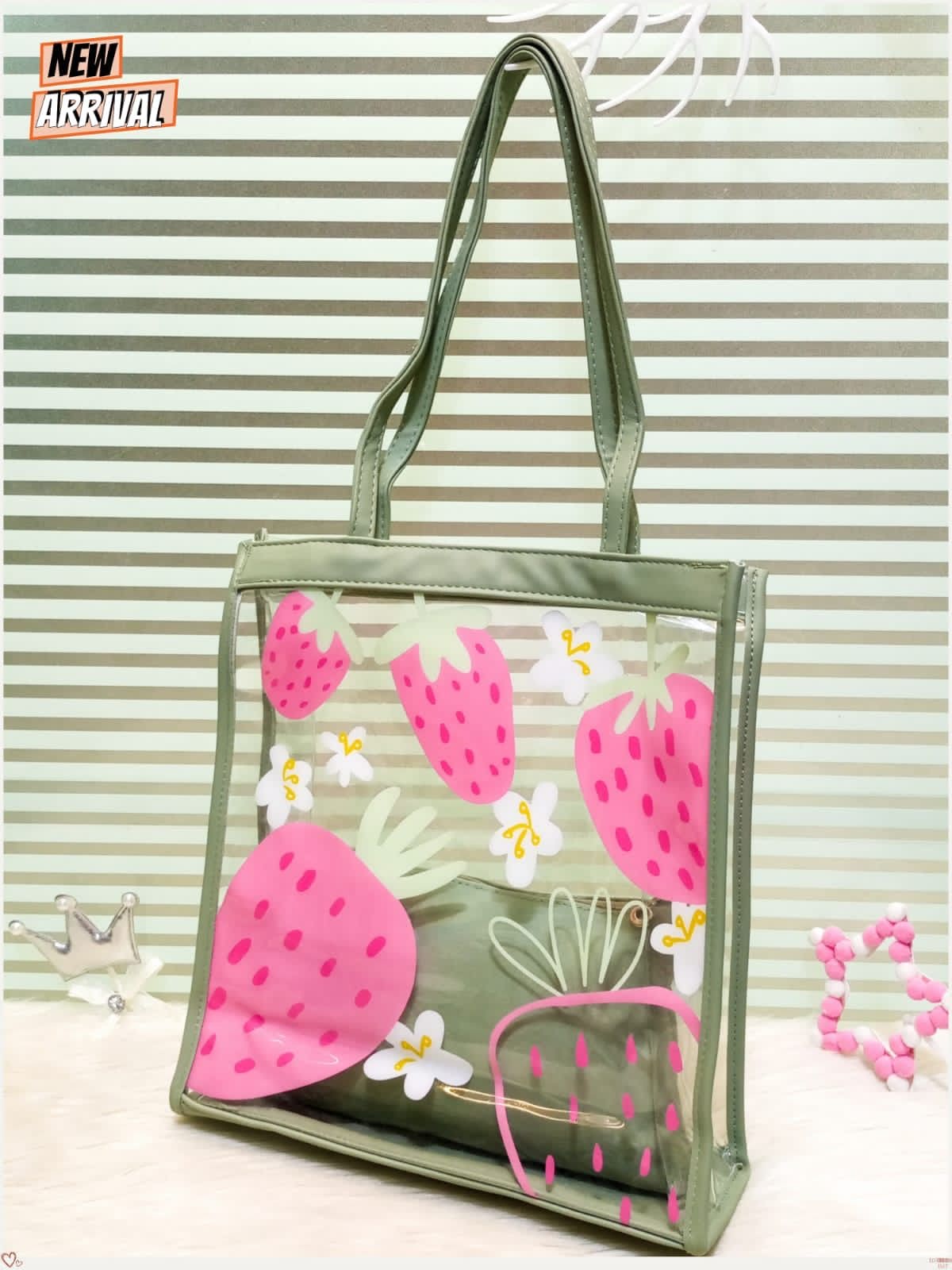 New Strawberry Transparent  Large Size Tote Bags, Clear Shoulder Handbags For Ladies, Waterproof Transparent Handbag