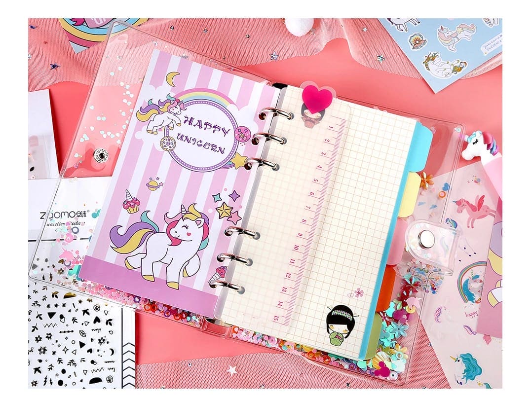 Unicorn Spiral Notebook Set, Weekly Planner Diary Paper Notepad, Pink Sequin Petal Transparent Unicorn Notebook Set