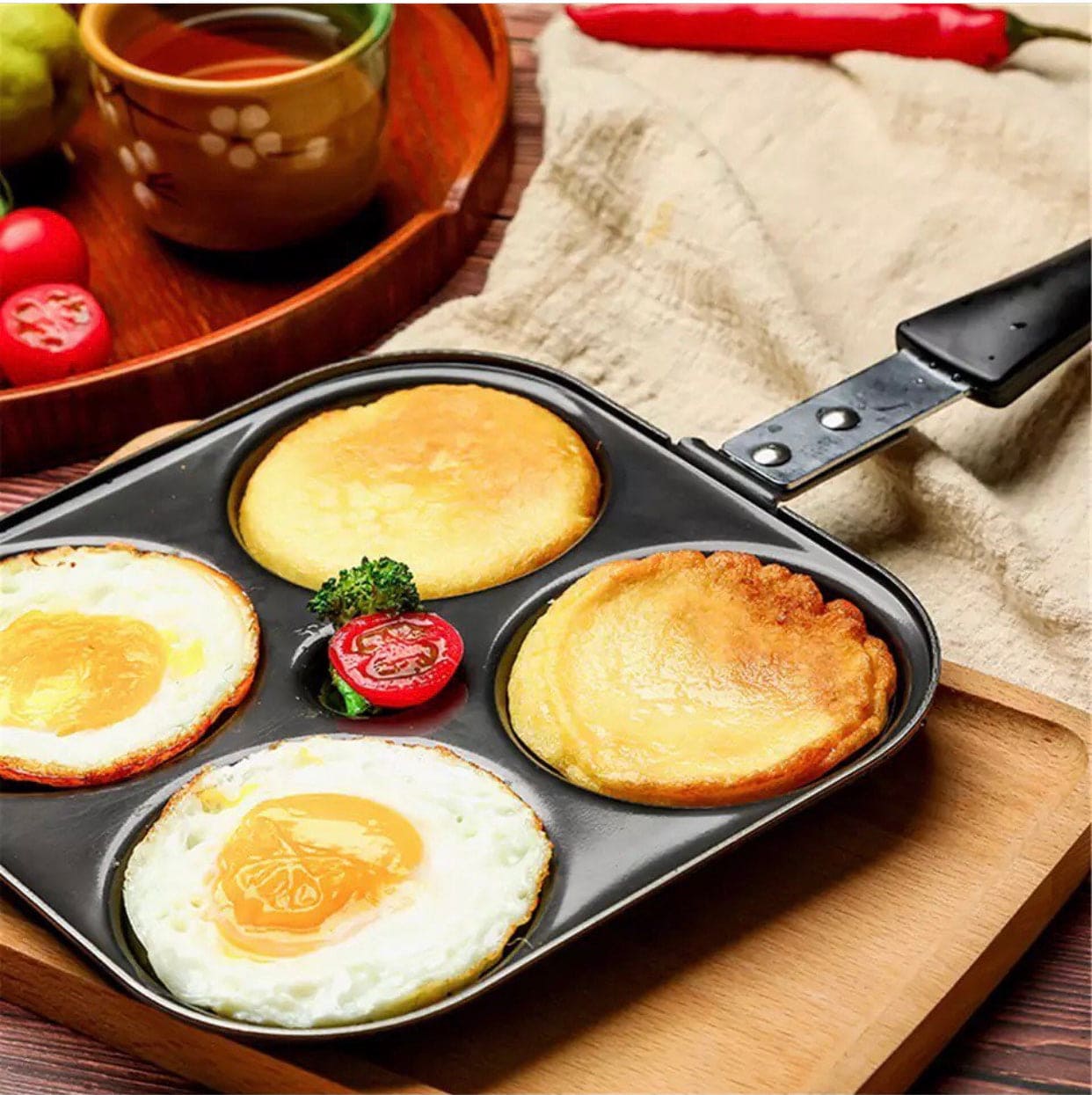 4 Hole Non Stick Long Handle Pancakes Maker, Non Stick Double Sided Egg Baking Mold, Bubble Egg Cake Oven Breakfast Machine