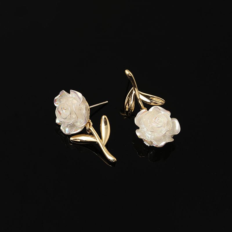 High Quality Flower Style Earrings, Luxury White Camellia Flower Dangle Earrings, Asymmetric Flower Leaf Earrings, Temperament Simple Versatile Earrings Female Jewelry