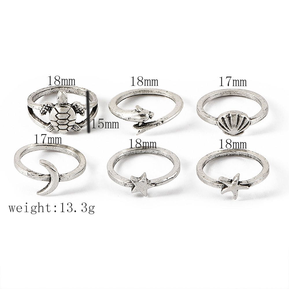 Set Of 6 Vintage Turtle Moon Stars Shell Dolphin Joint Ring, Bohemian Beach Ring Set, Fashion Wave Shell Fishtail Irregular Rings for Women, Geometric Knuckle Rings Set, Creative Ocean Jewellery
