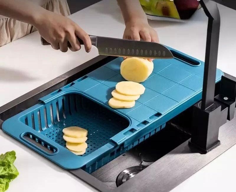 Creative Kitchen Retractable Multifunctional Sink Cutting Board, Fruit and Vegetable Cutting Board Draining Storage Basket, Kitchen Utensils Multifunctional Tool