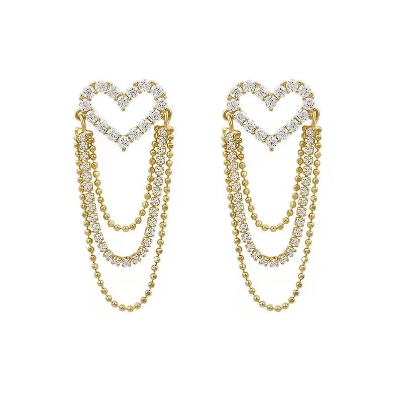 Crystal Drop Heart Earring, Multilayer Tassel Zircon Chain Earrings For Women, Trendy Heart-shaped Rhinestone Earrings Party Jewelry, Long Hanging Earrings, Elegant Crystal Tassel Earring