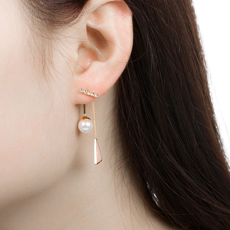 Triangular Pearl Tassel Earrings, Long Dangle Earrings For Women, Geometric Triangle Hanging Dangle Earrings