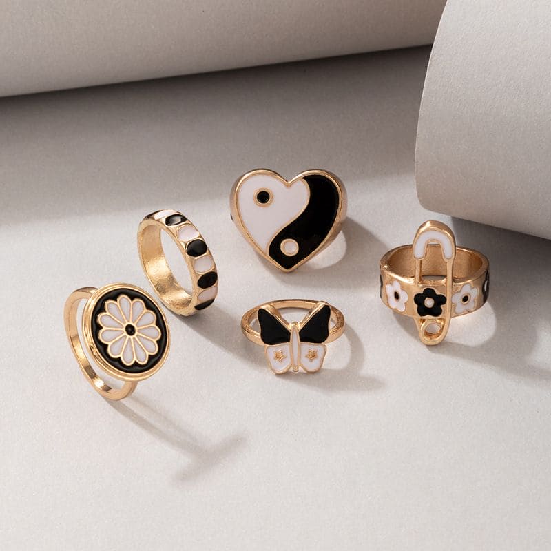 Set Of 5 Heart Ring Set, Women Finger Jewelry, Geometric Rings Sets, Vintage Knuckle Rings Set, Stackable Finger Rings, Midi Rings For Women Fashion Metal Heart Rings