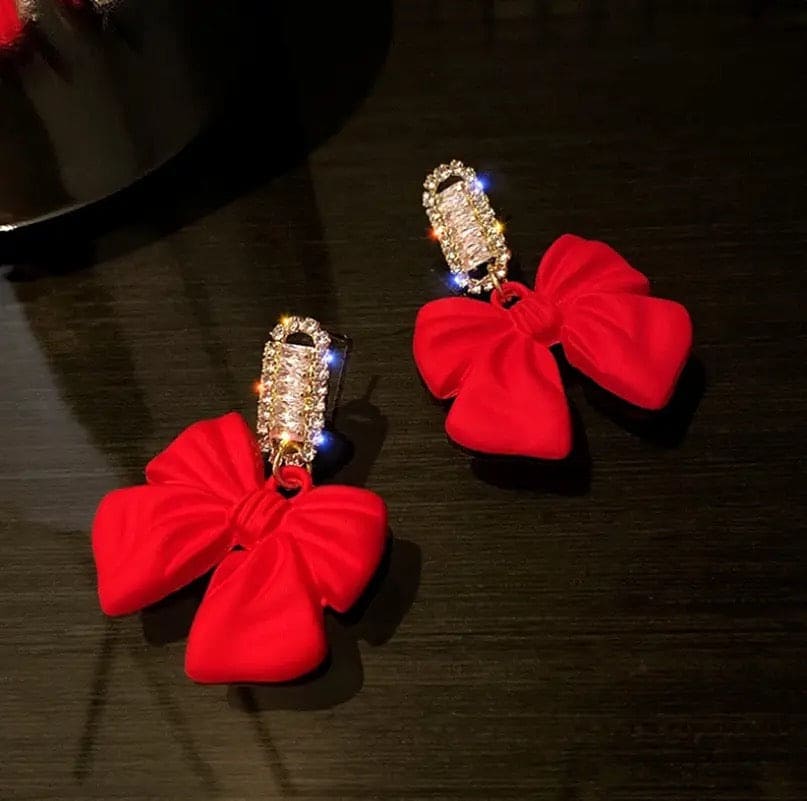 Bowknot Statement Big Earrings, Big Crystal Red Bowknot Drop Earrings, Female Luxury Earrings, Crystal Hoop Earring,  Elegant Ear Clip for Women, Bowknot Studs Earrings