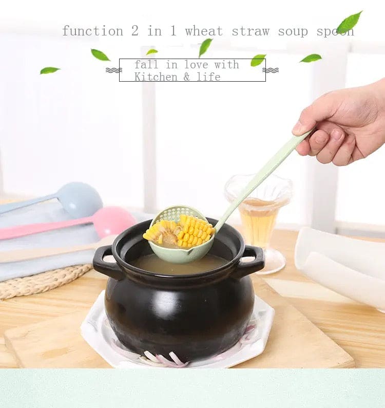 2 in 1 Soup Spoon Ladle, Long Handle Kitchen Strainer, Creative Multifunctional Soup Spoon & Colander, Wheat Kitchen Straw Soup Slotted Spoon, Plastic Spoon Filter Strainer, Household Kitchen Table wear Accessories
