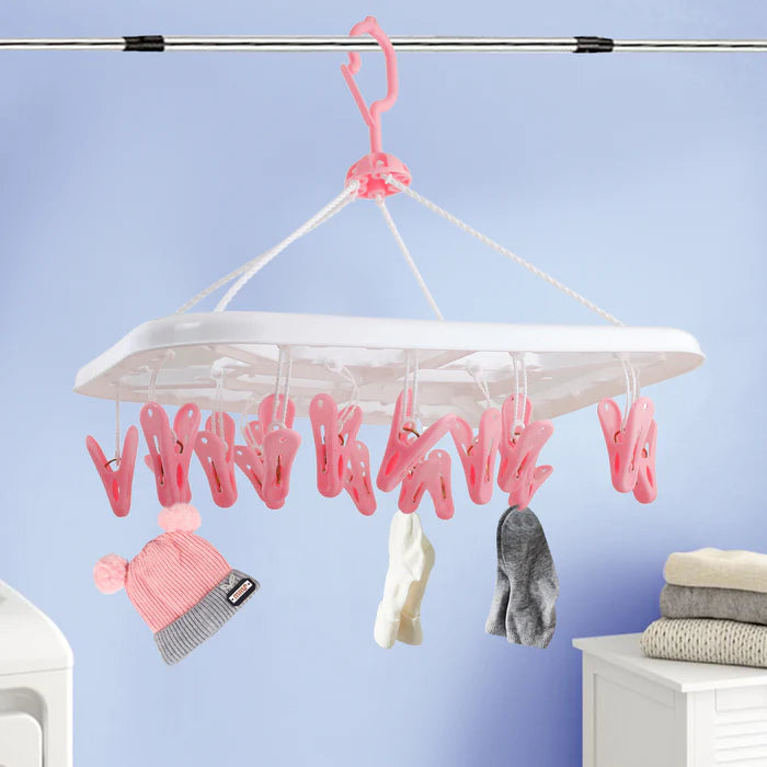 16 Clips Simple Folding Clothes Drying Rack, Baby Clothes Hanger, Plastic Space Saving Closet Organizer Hanger Rack