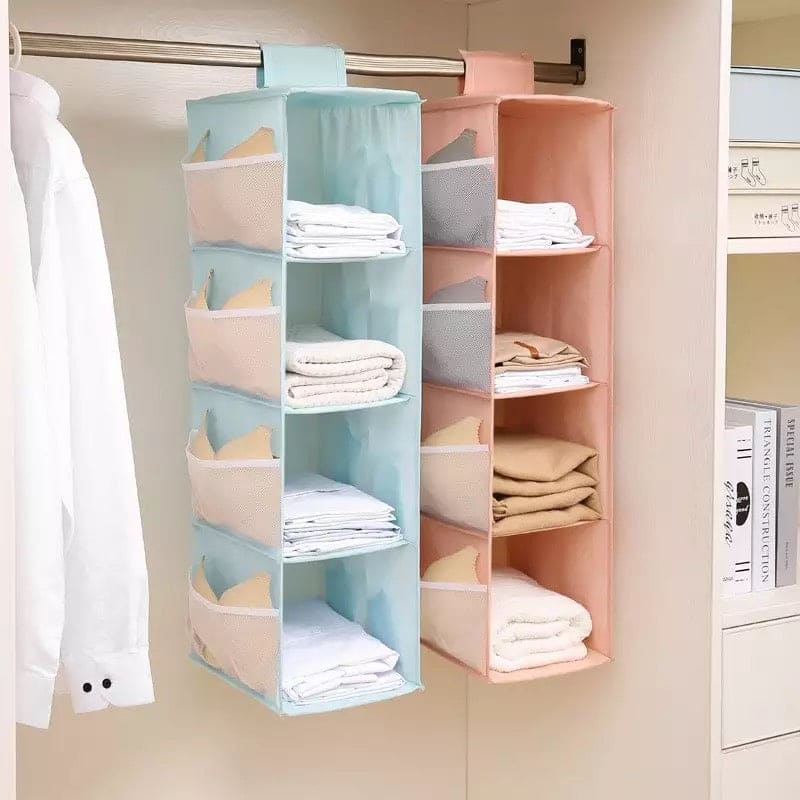 New Hanging Wardrobe, 4 Layer Foldable Closet Organizer, Multilayer Foldable Hanging Storage Rack, Tier Hanger Bag, Wardrobe Storage Holder, Dust-Proof Fabric Hanging Bag, Double Sided Storage Organizer With 8 Frosted Pocket