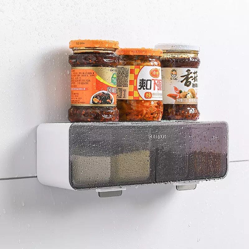4 Grid Spice Rack, Kitchen Wall Mounted Seasoning Box, 4 Grids Spoon Kitchen With Lid Container, Wall-mounted Seasoning Box, Herb Spices Storage Condiment Jar, Kitchen Gadget Device Sets Spice Box Organizer Tool, Retractable Wall Mounted Spice Rack