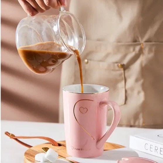 Heart Pattern Ceramic Mug Set, Love Sign Ceramic Couple Mug Set, Love Heart Mug, Couple Cup Ceramic Mugs, Creative Mug With Lid And Spoon, Luxury Marble Ceramic Coffee Cups