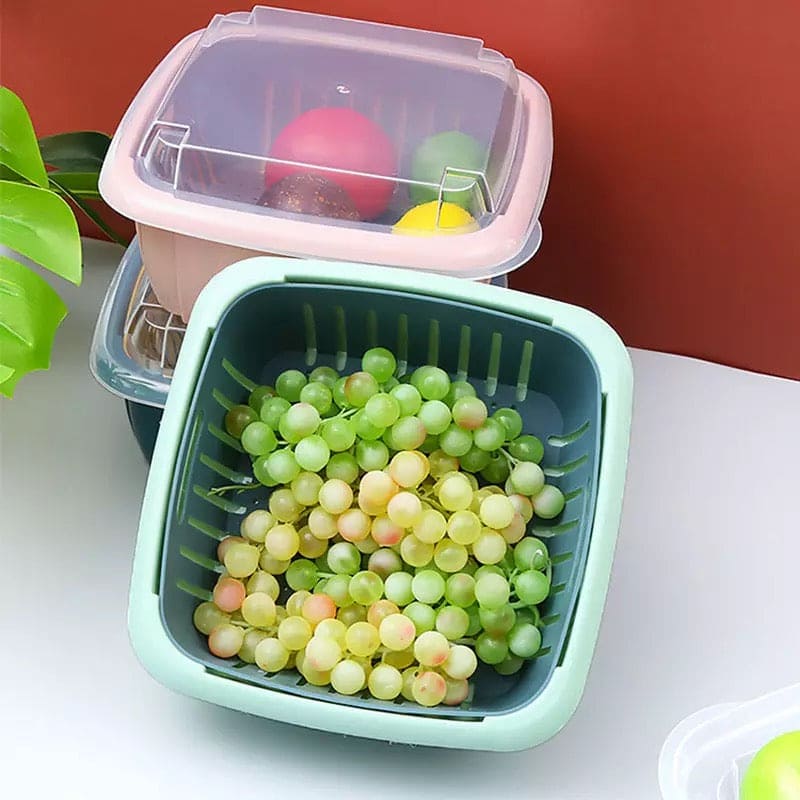 Multifunctional Double Layer Draining Basket With Lid, Kitchen Refrigerator Fresh Keeping Box, Plastic Fruit Storage Basket
