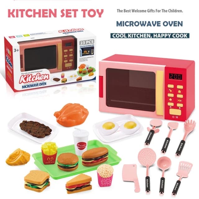 Kids Kitchen Microwave Toy Set, Light & Sound Pretend Play Kitchen Toy Set, Magical Oven Play Food Set