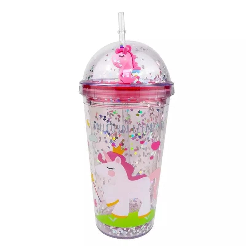 Creative Unicorn Plastic Cup With Lid And Straws, BPA Double Layer Cup, Cartoon Large Capacity Micro Landscape Cup