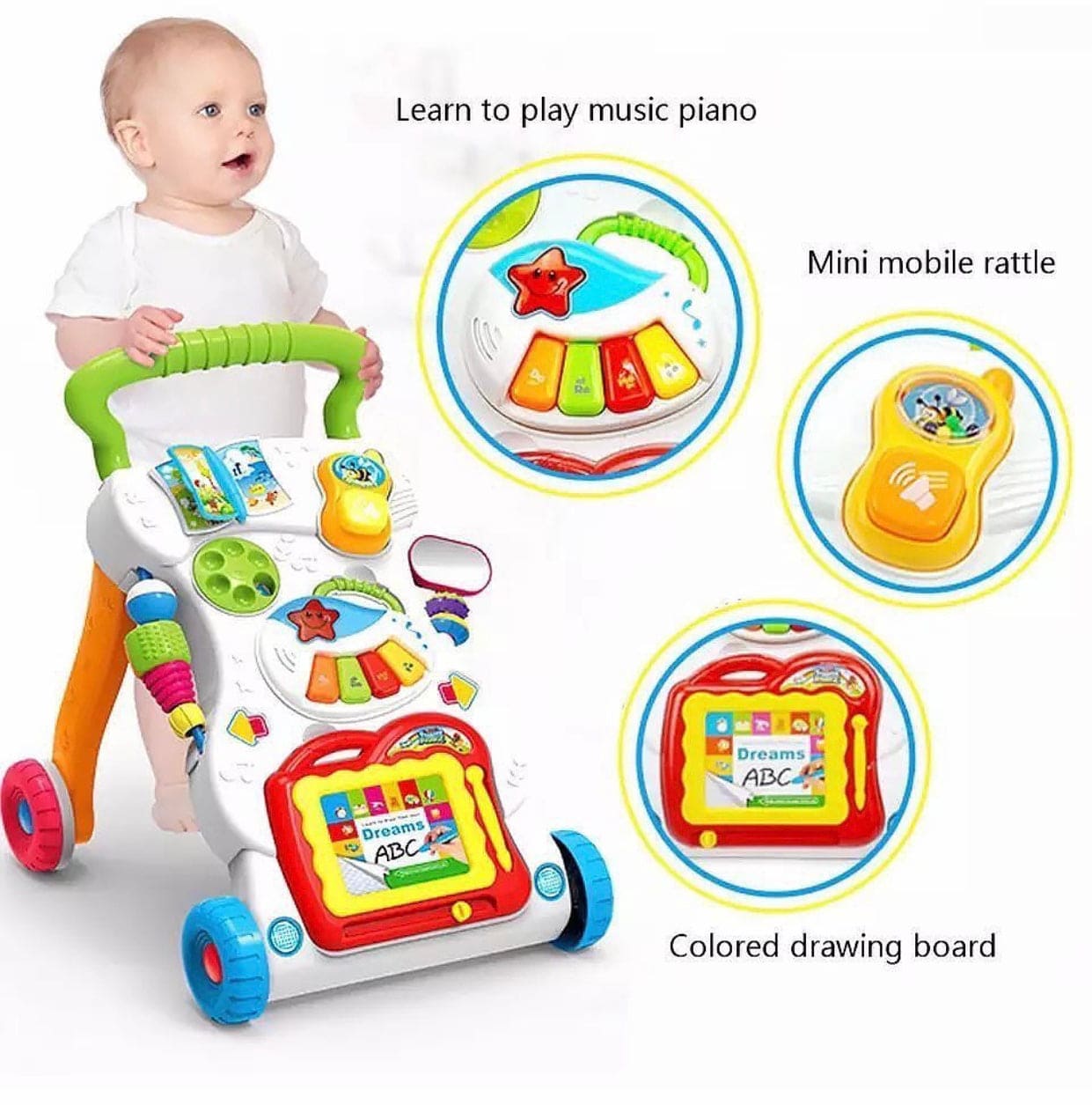 Baby Walker Toddler Trolley, Sit To Stand ABS Musical Walker With Adjustable Height, 3 in 1 Baby Walker Sit To Stand Toy, Toddlers Musical Fun Learning Walker