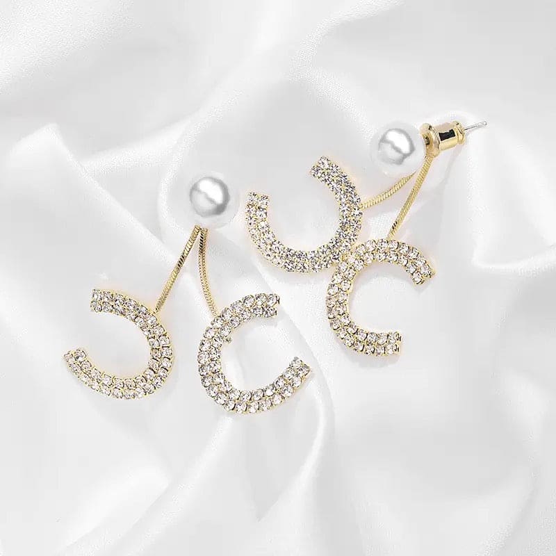 Double C Pearl Earring, Simple Pearl Rhinestone Earrings, Shiny Drill Ear Clip Earrings For Women, Elegant Pearl Ear Cuff