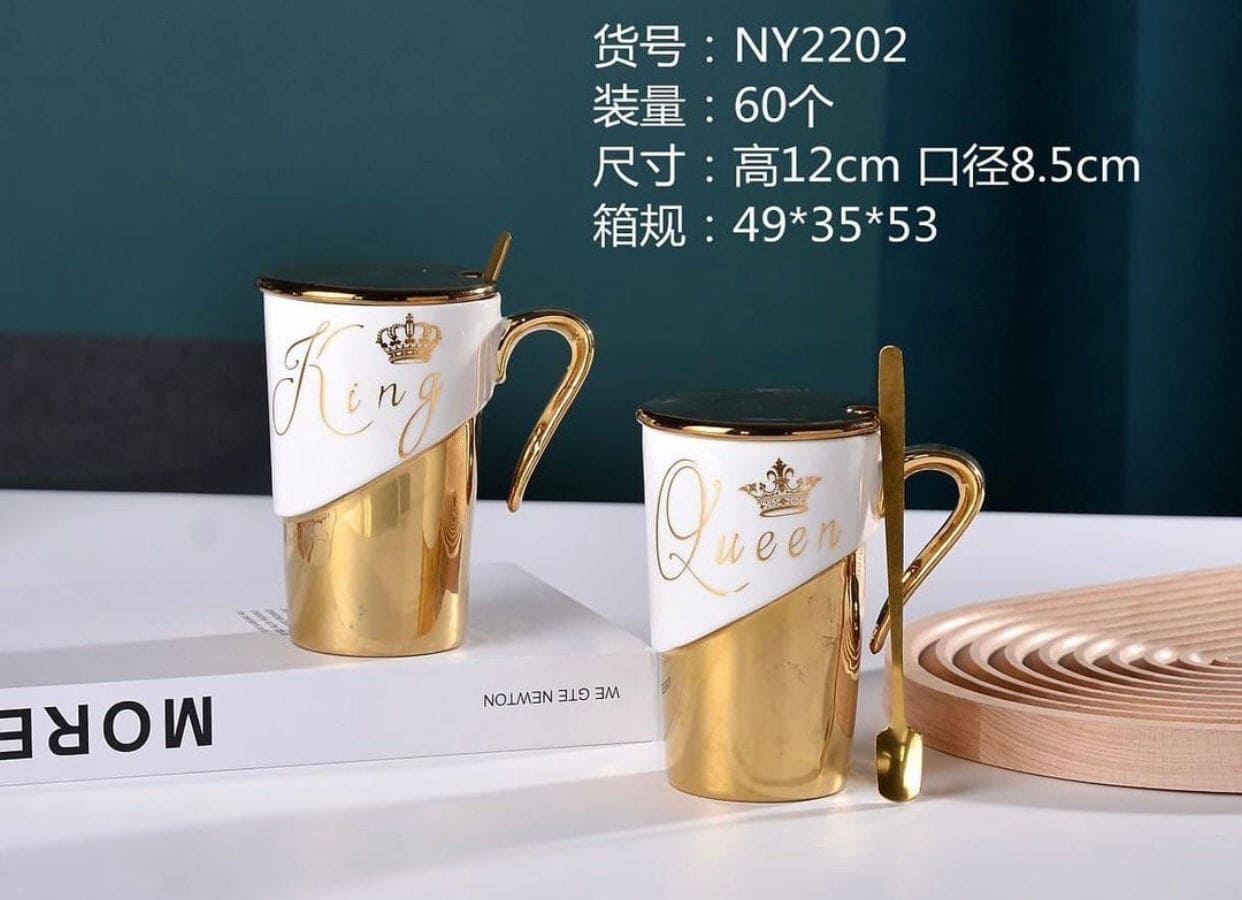 1pc Ceramic King Queen Mugs With Lids And Spoons, King and Queen Camping Ceramic Coffee Mugs, Ceramic Water Coffee Mug