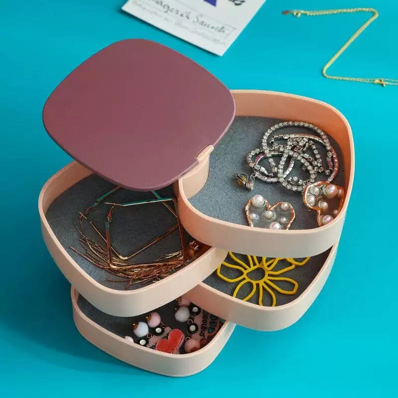 360° Rotatable Jewelry Organizer Box with Mirror, 4 Layer Jewelry Box, Storage Case for Earrings, Necklaces, Bracelets, Rings