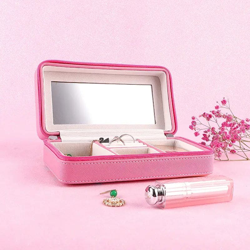 Pink Leather Jewelry Box, Portable Earrings Necklaces Rings Jewelry Organizer With Mirror, Rectangular Leather Jewelry Storage Box, Portable Jewellery Organizer