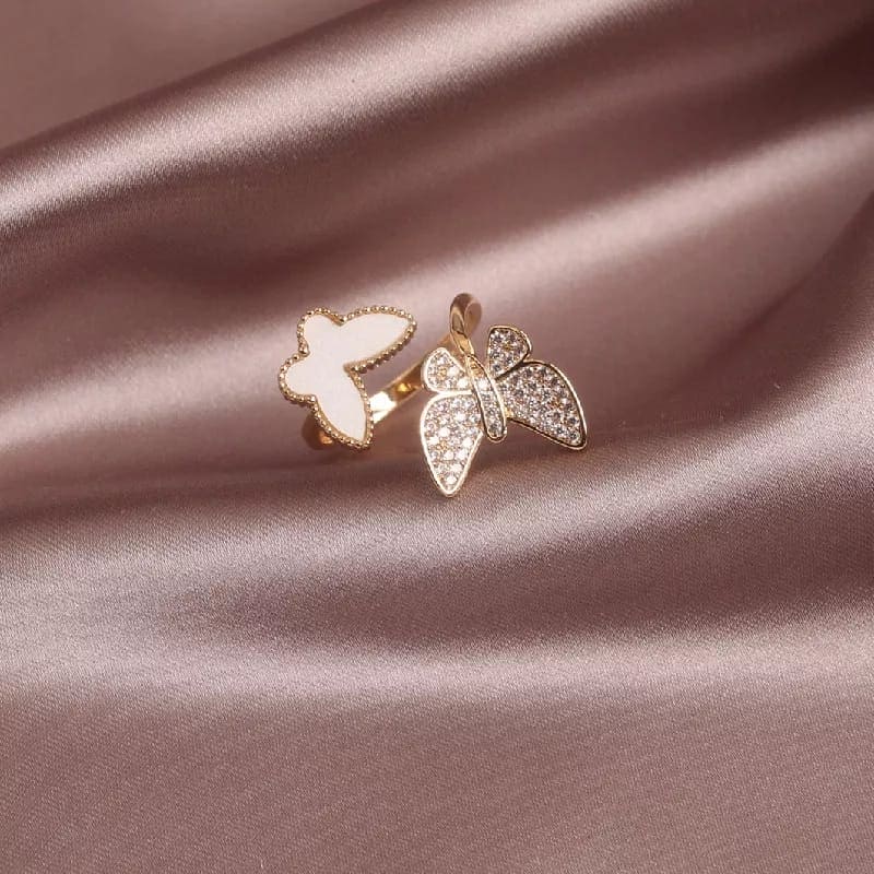 Adjustable Double Butterfly Open Women's Ring, Cubic Open Zirconia Rings For Women
