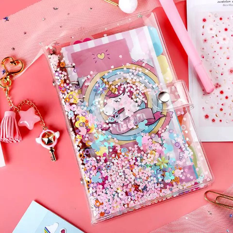 Unicorn Spiral Notebook Set, Weekly Planner Diary Paper Notepad, Pink Sequin Petal Transparent Unicorn Notebook Set