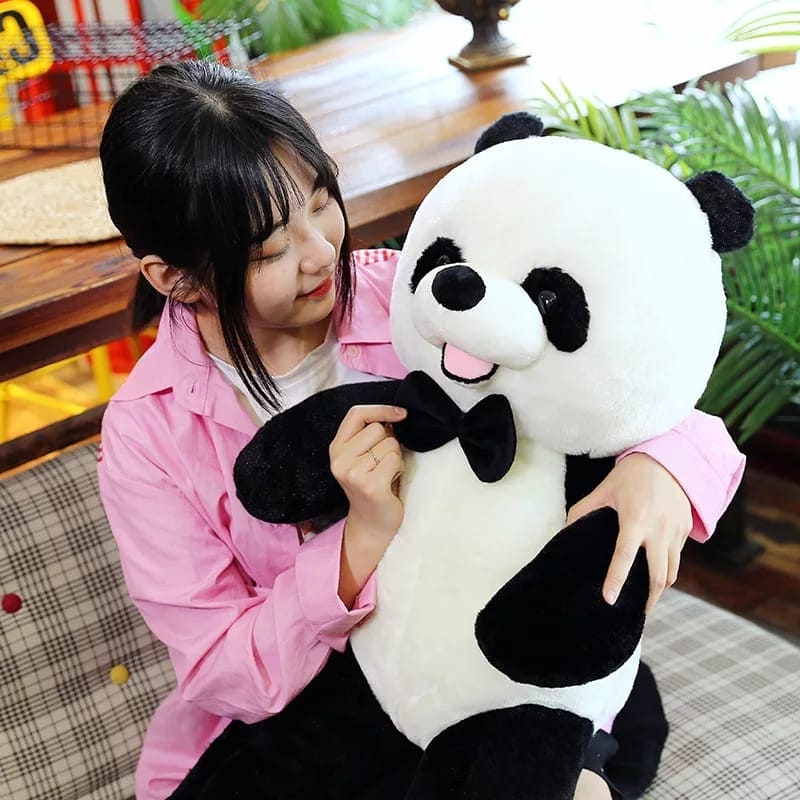 Cute Panda Bear With Bow-Tie Plush Toys,  Soft Cartoon Animal Black And White Panda Stuffed Doll