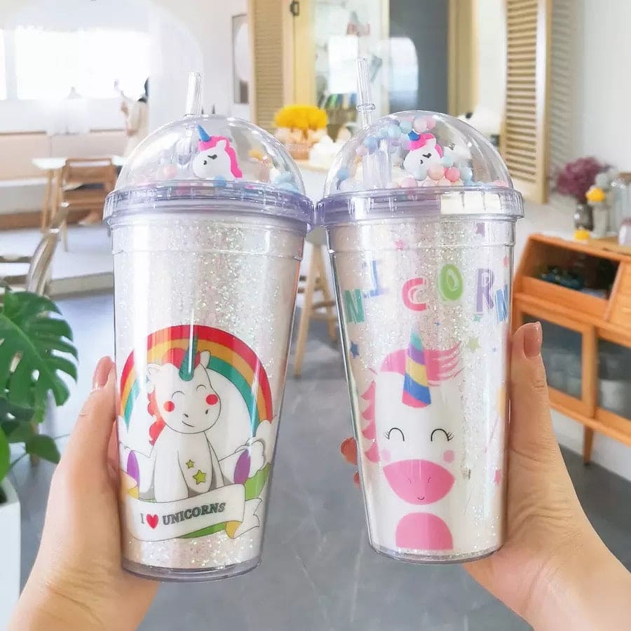 Creative Unicorn Plastic Cup With Lid And Straws, BPA Double Layer Cup, Cartoon Large Capacity Micro Landscape Cup