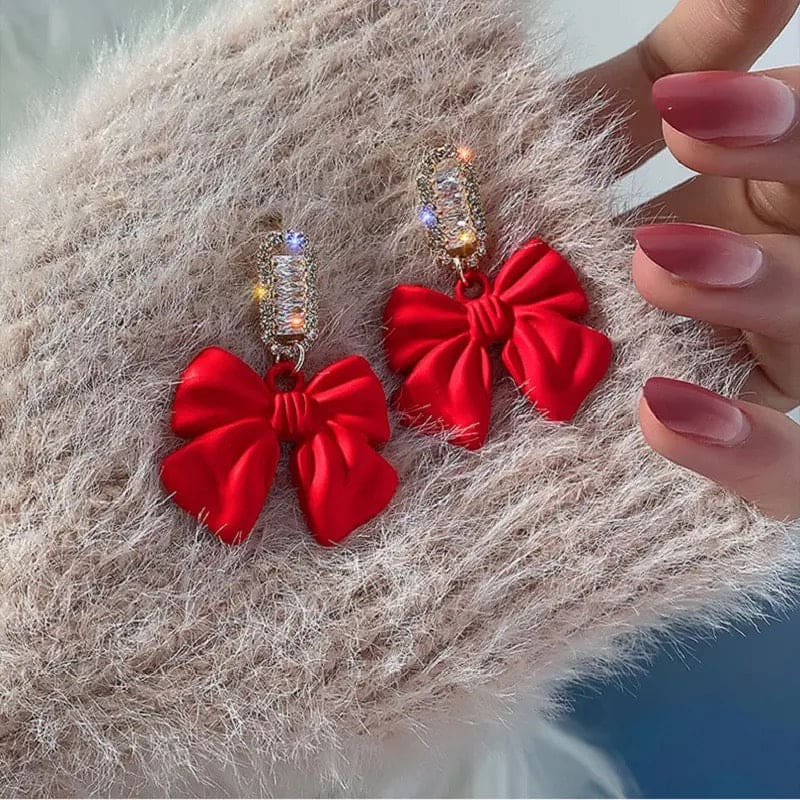 Bowknot Statement Big Earrings, Big Crystal Red Bowknot Drop Earrings, Female Luxury Earrings, Crystal Hoop Earring,  Elegant Ear Clip for Women, Bowknot Studs Earrings