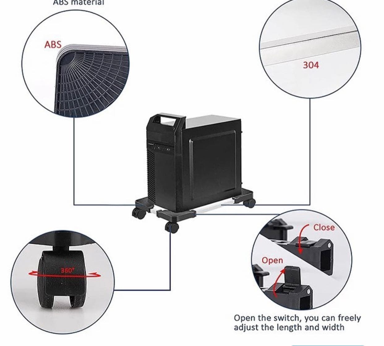 Mobile PC Tower Stand Cart, Desktop Bracket Cooling Base With 4 Locking Caster Wheel