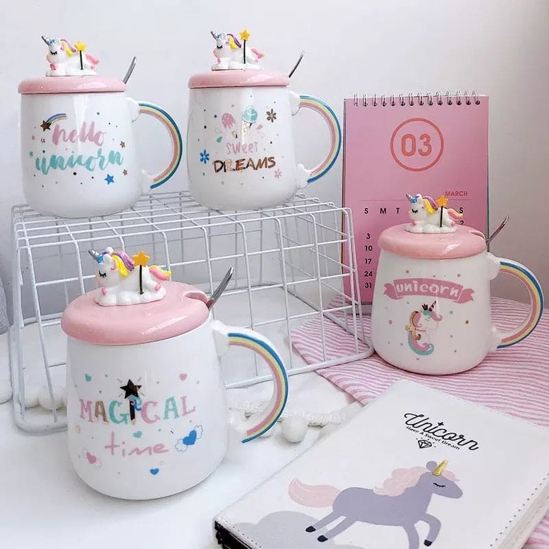 Unicorn Cute Ceramic Coffee Mug, Magical Funky Mug With Spoon, Pink Unicorn Tea Cup