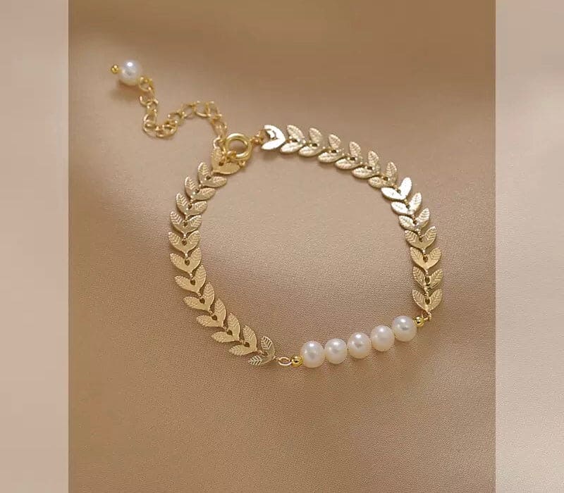 Creative Design Leaf Shape Gold Color Chain Pearl Stainless steel Charm Bracelet, Natural Fresh Water Irregular Pearl Fashion ECO Brass Chain Simple Bracelet, Creative Design Sense Leaf Shape Golden Chain,  Pearl Stainless Steel Charm Bracelet
