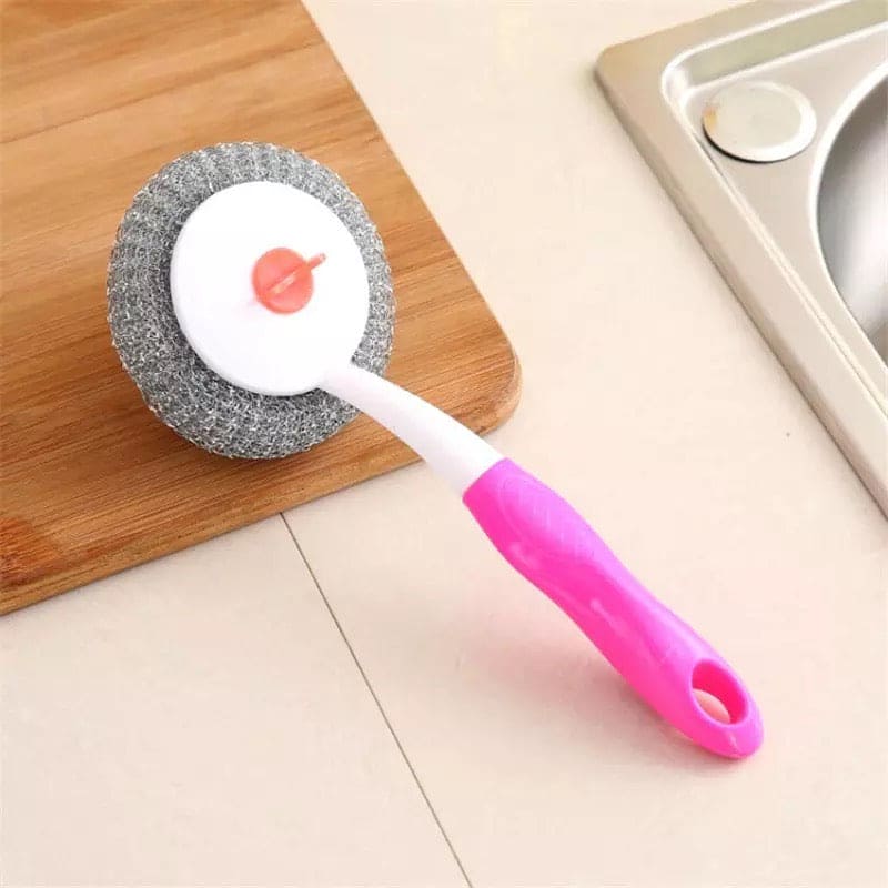 Splicing Wire Ball Scrubs Brush, Long Handle Removable Replacement Brush, Utility Stainless Steel Wire Ball Brush, Durable Cleaning Brush, Dish Bowl Washing Kitchen Gadget, Nano Steel Ball Cleaning Scrubber