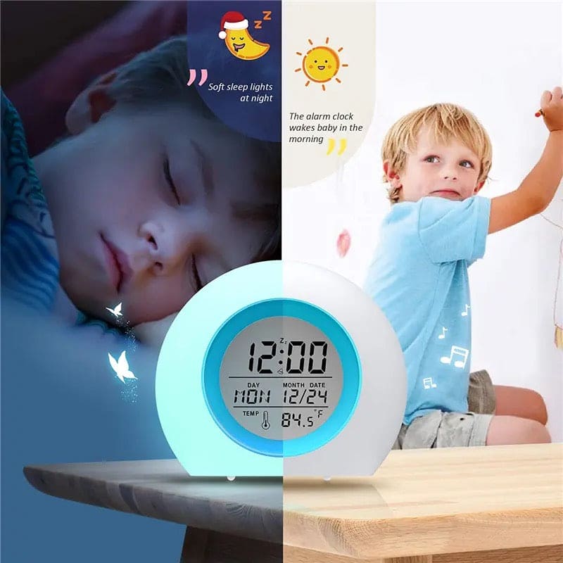Cute Kids Digital Alarm Clock, 7 Color Alarm Clock, Cute Wake Up Timer Alarm Clock, Touch Control Digital Clock,  Colors Change Night Glowing Digital Alarm Clock, Natural Sounds Table Watch, Round Snooze Led Alarm Clock