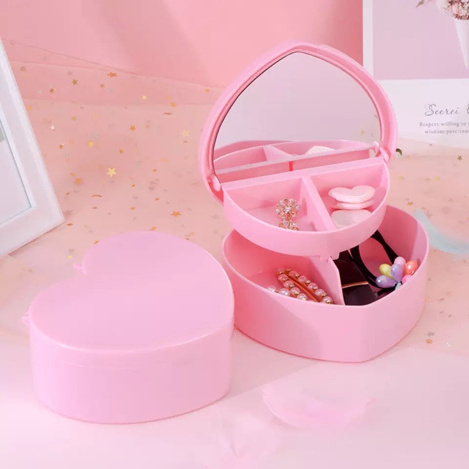 Mini Heart Jewelry Box, Love Shape Jewelry Box, Display Earrings Ring Jewelry Case Box, Double Layer Jewelry Organizer With Mirror, Pink Girl Heart Storage Box