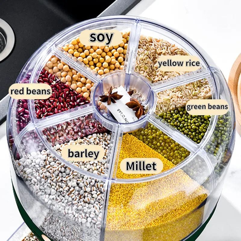 6 Grid Round Cereal Dispenser, 360° Rotatable Rice Barrels, Multi Compartment Grain Dispenser, Rotary Partition Sealed Jar, Round Rice Storage Tank, Measuring Container Kitchen Grains Rice Storage Bucket Food Organizer