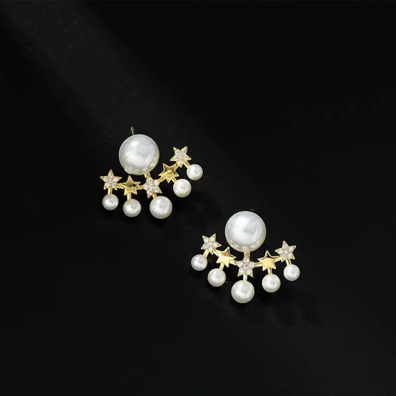 Crystal Star Stud Earrings, Lovely Gold Color Crystal Radiate Star Earrings Jewelry, Star  Simulated Pearl Beads, Shiny Double Star Earrings For Women