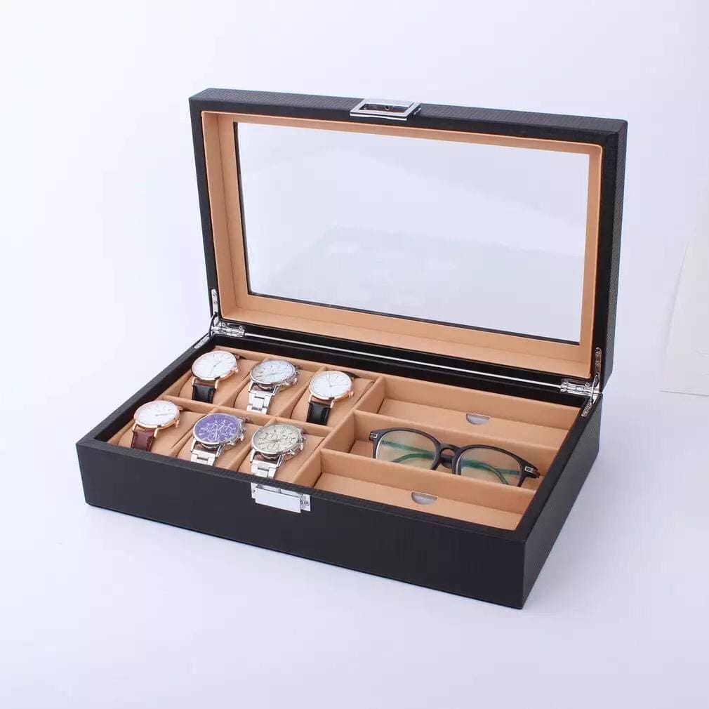 6/3 Grids PU Leather Watch Box, Sunglasses Organizer, Jewelry Collection Storage Display Container, Glasses Display Case Organizer