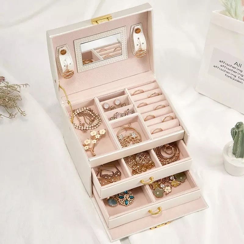 3 Layer Luxurious Large Capacity Jewellery Organizer,  Large Capacity Display Holder, Earring Ring Bracelet Storage Case for Women, Double Drawer Leather Jewelery Box,  Earring Bracelet Holder Organizer With Mirror
