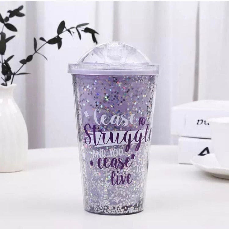 2 Layers Star Glitter Water Jar, Summer Plastic Mug With Straw And Lid