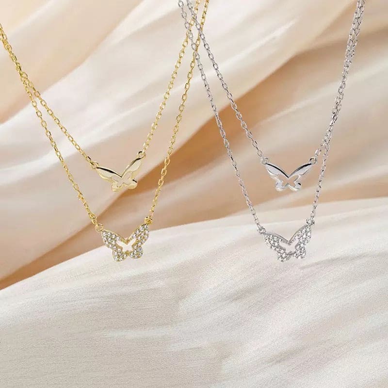 Sterling Silver Double Layer Butterfly Necklace, Double Layer Women's Butterfly Pendant