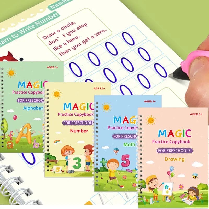 Set of 4 Child Learning Book, Writing Practice Copy Books, Magic Practice Copy Book For Kids, Handwriting Copy Book Set With Magic Pen, Children Reusable Workbook, Tracing Workbook with Pens