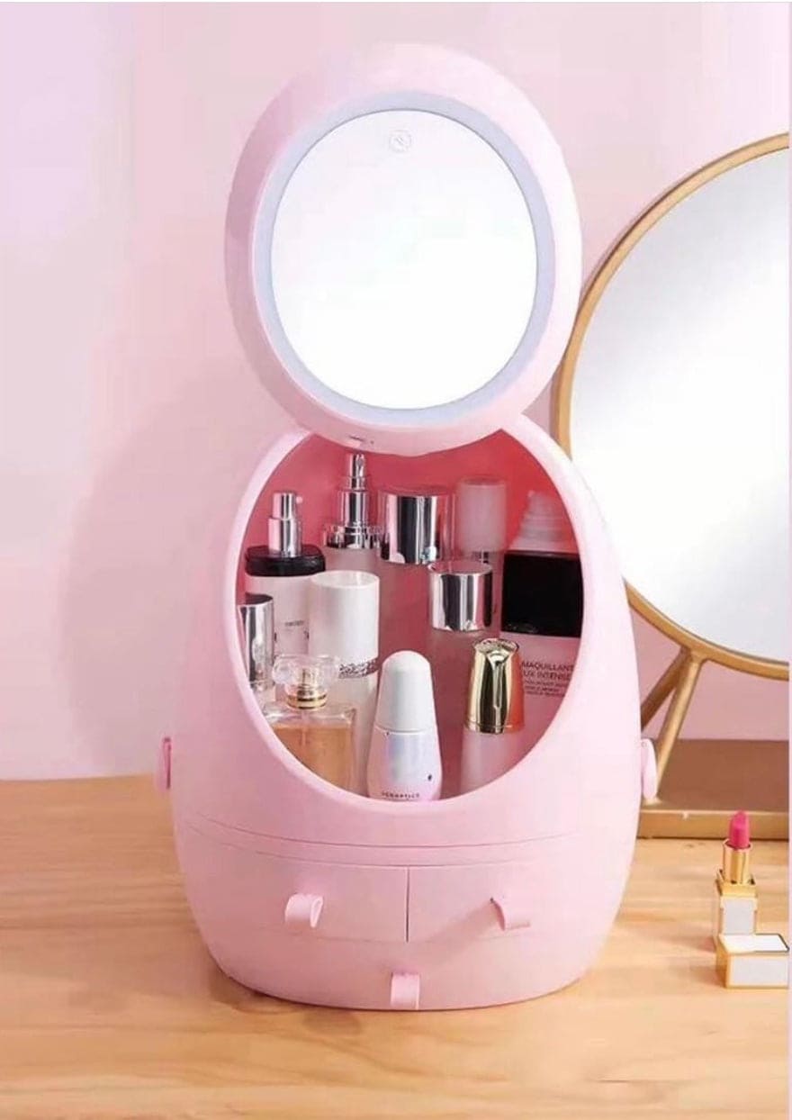 Oval Mirror Cosmetic Storage Organizer, LED Light Makeup Storage Box, Portable Creative Makeup Organizer, Modern Jewelry And Cosmetic Display Case With Led Lighted Mirror
