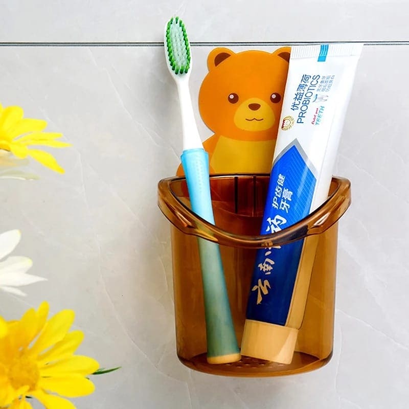 Wall Mounted Bear Toothbrush Holder Cup, Punch Free Storage Rack, Cute Bear Punch Free Bathroom Storage Box, Bathroom Supplies Organizer