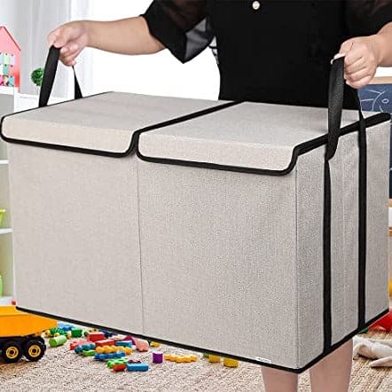Large Capacity Kids Toy Box, Storage Organizer With Double Flip-Top Lid, Collapsible Sturdy Toy Organizer And Storage Bin With Big Handles, Linen Fabric Foldable Basket, Storage Box Drawer With Lid And Handles