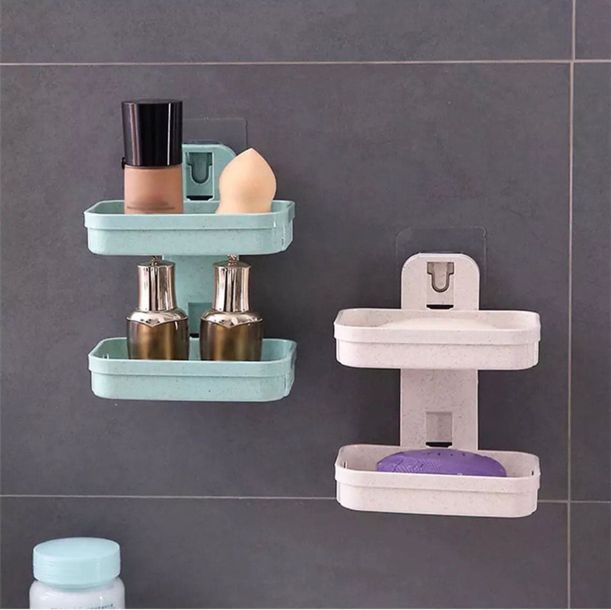 Punch Free Bathroom Suction Cup Double Shelf Soap Storage Rack, Wall Mounted Sponge Storage Rack, 2 Tier Soap And Sponge Holder With Drain